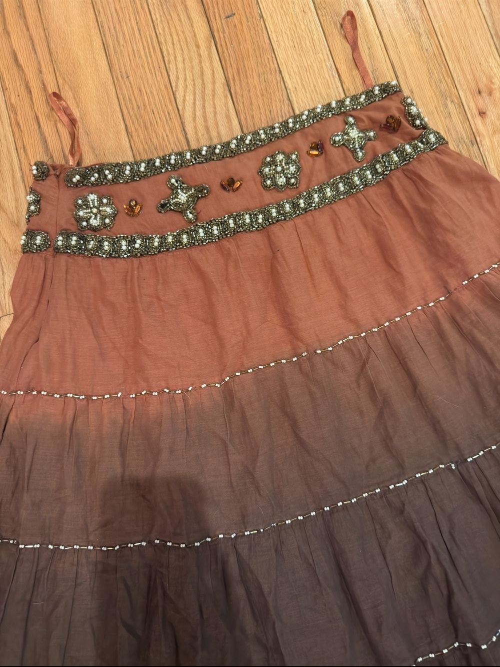VTG Beaded Cross Ombre Tiered Midi Skirt in Rust-Brown boho